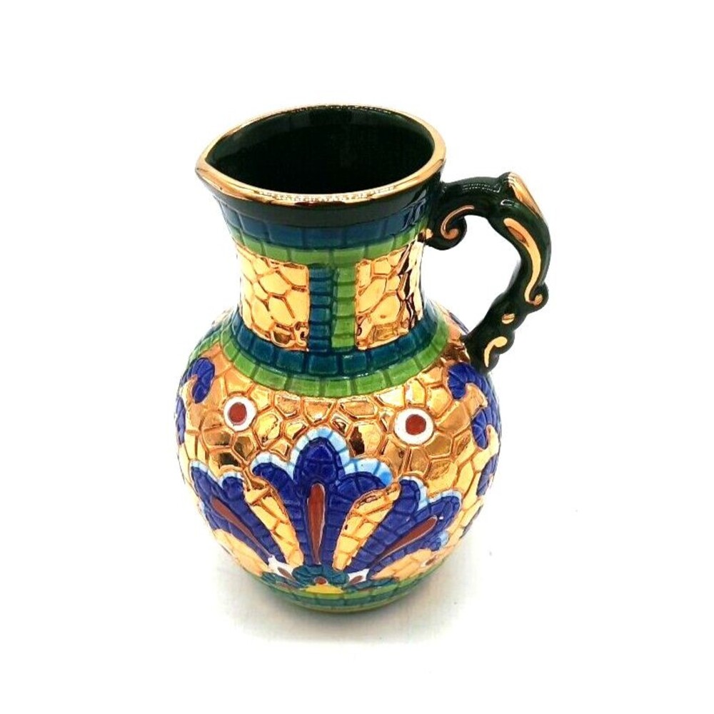 Hand Painted Gold Italian Lavorato A Mano In Oro Zecchino Mosaic Pitcher Vase